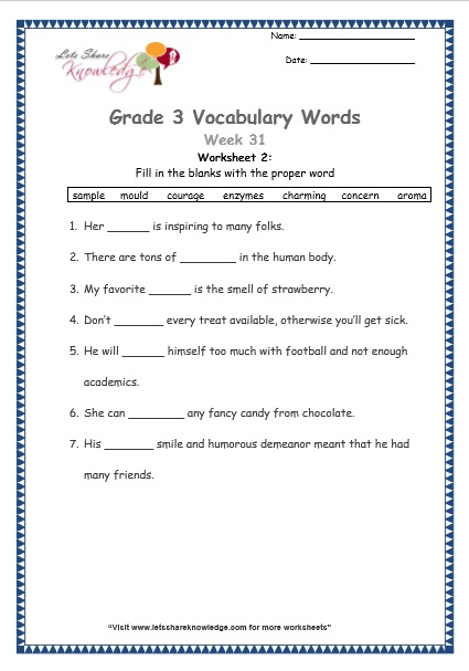 grade 3 vocabulary worksheets Week 31 worksheet 1