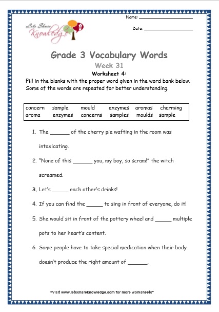  grade 3 vocabulary worksheets Week 31 worksheet 4