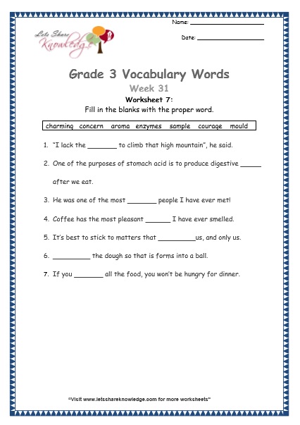 grade 3 vocabulary worksheets Week 31 worksheet 7