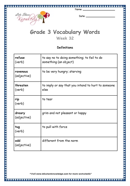 grade 3 vocabulary worksheets Week 32 definitions