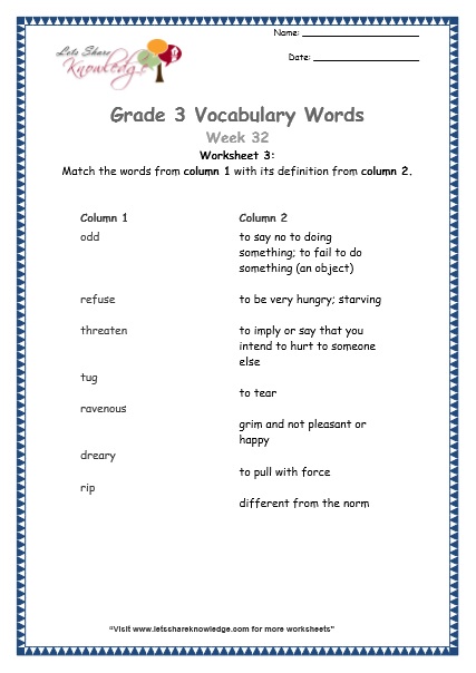 Grade 3: Vocabulary Worksheets Week 32 – Lets Share Knowledge