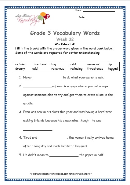  grade 3 vocabulary worksheets Week 32 worksheet 4
