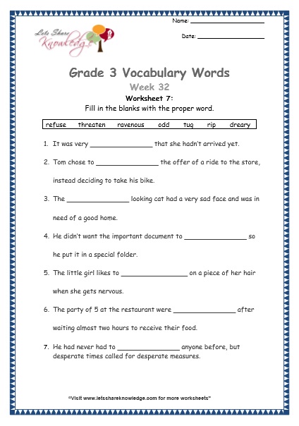  grade 3 vocabulary worksheets Week 32 worksheet 7