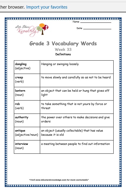 grade 3 vocabulary worksheets Week 33 definitions
