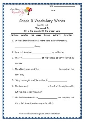 Grade 3: Vocabulary Worksheets Week 33 dangling, creep, lantern, rob, authority, antique, interview