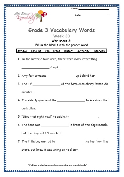 grade 3 vocabulary worksheets Week 33 worksheet 1