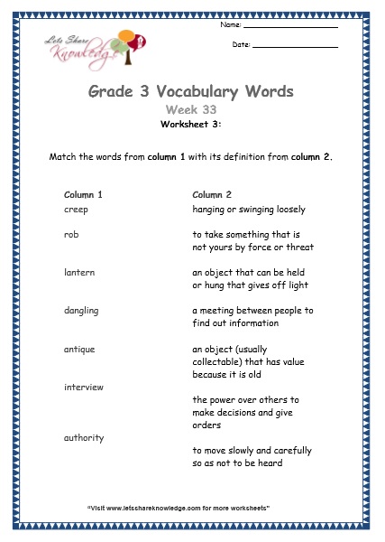  grade 3 vocabulary worksheets Week 33 worksheet 3