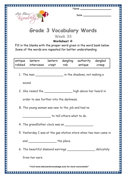  grade 3 vocabulary worksheets Week 33 worksheet 4