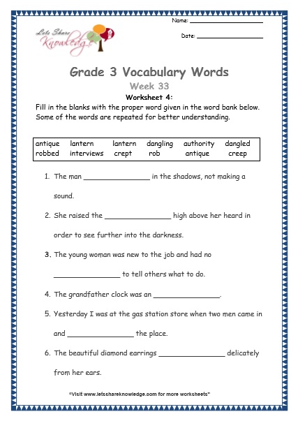 Grade 3: Vocabulary Worksheets Week 33 – Lets Share Knowledge