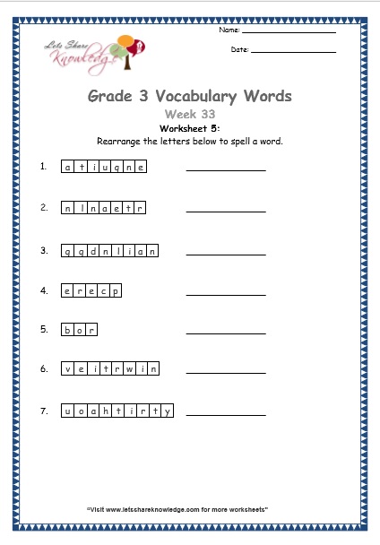  grade 3 vocabulary worksheets Week 33 worksheet 5