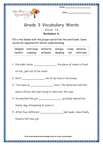  grade 3 vocabulary worksheets Week 33 worksheet 6