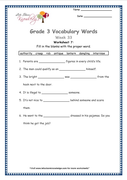  grade 3 vocabulary worksheets Week 33 worksheet 7