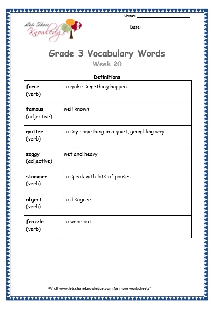 grade 3 vocabulary worksheets Week 20 definitions