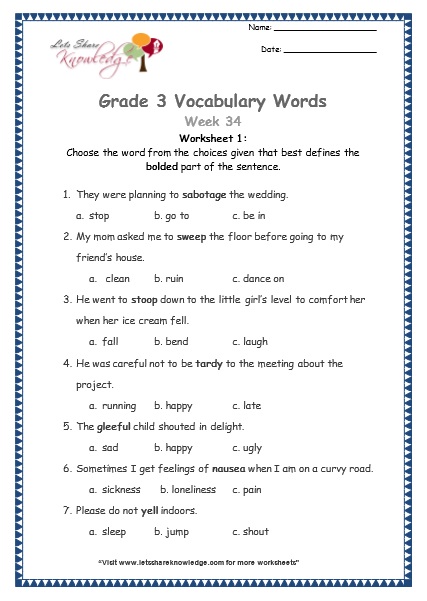 grade 3 vocabulary worksheets Week 34 worksheet 1