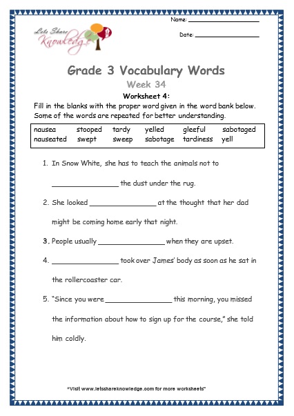 Grade 3: Vocabulary Worksheets Week 34 sabotage, sweep, stoop, tardy, gleeful, nausea, yell