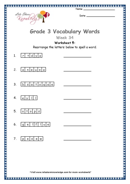  grade 3 vocabulary worksheets Week 34 worksheet 5
