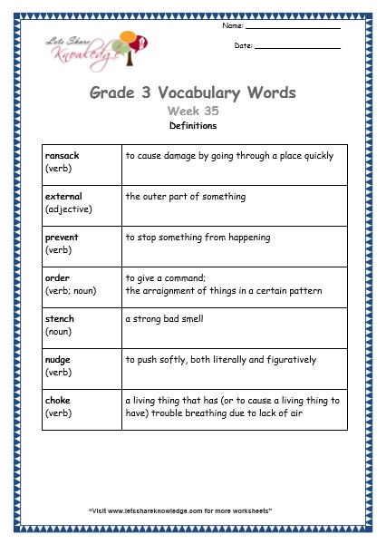 grade 3 vocabulary worksheets Week 35 definitions