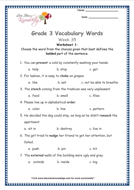 grade 3 vocabulary worksheets Week 35 worksheet 1
