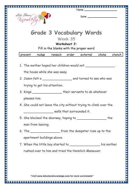 grade 3 vocabulary worksheets Week 35 worksheet 1