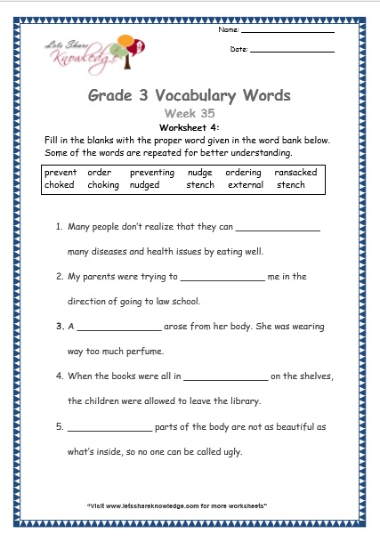 Grade 3: Vocabulary Worksheets Week 35 ransack, external, prevent, order, stench, nudge, choke