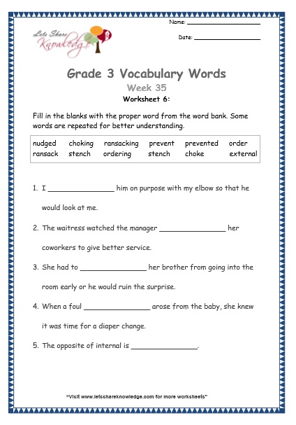  grade 3 vocabulary worksheets Week 35 worksheet 6