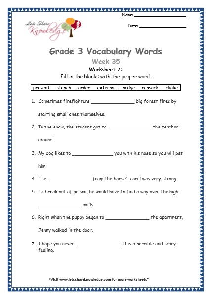  grade 3 vocabulary worksheets Week 35 worksheet 7