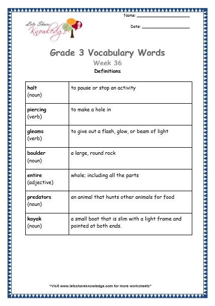 grade 3 vocabulary worksheets Week 36 definitions