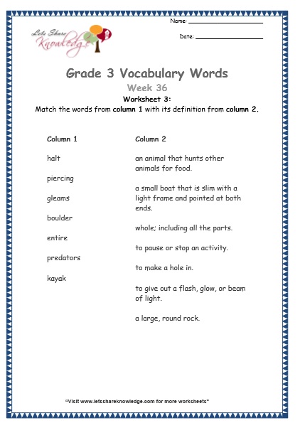  grade 3 vocabulary worksheets Week 36 worksheet 3