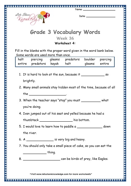 grade 3 vocabulary worksheets week 36 lets share knowledge