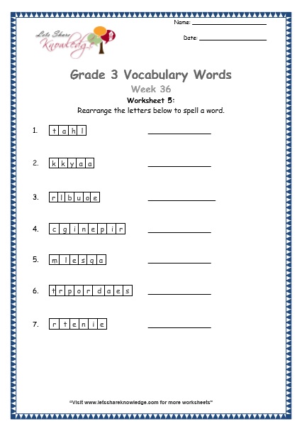 grade 3 vocabulary worksheets Week 36 worksheet 5