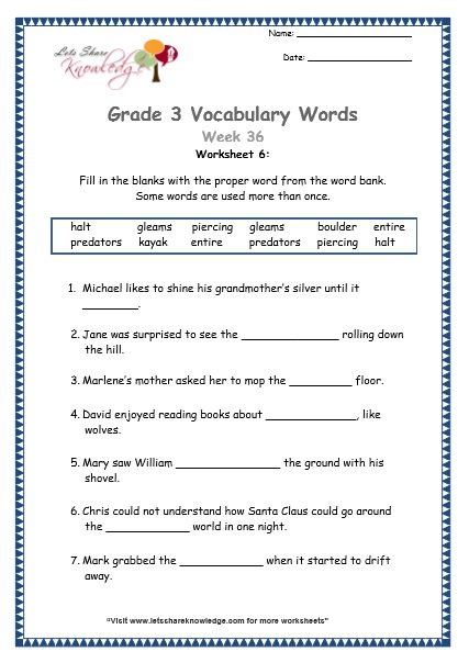 grade 3 vocabulary worksheets Week 36 worksheet 6