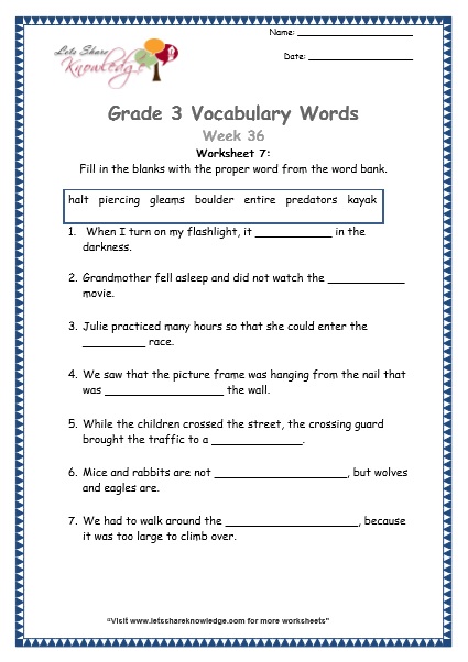  grade 3 vocabulary worksheets Week 36 worksheet 7