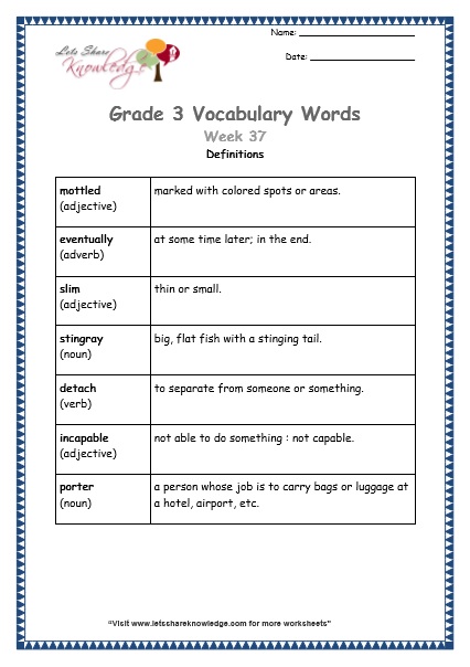 grade 3 vocabulary worksheets Week 37 definitions