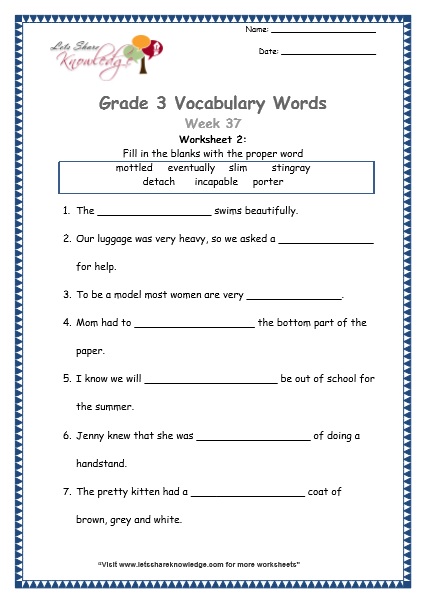 grade 3 vocabulary worksheets Week 37 worksheet 1