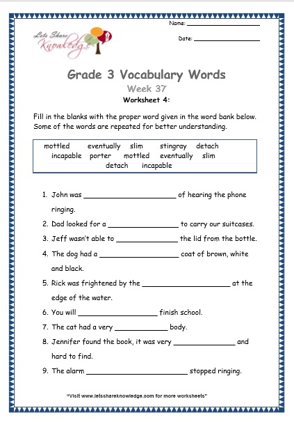  grade 3 vocabulary worksheets Week 37 worksheet 4
