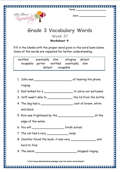 Grade 3: Vocabulary Worksheets Week 37 – Lets Share Knowledge