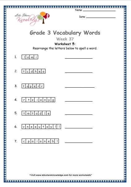  grade 3 vocabulary worksheets Week 37 worksheet 5