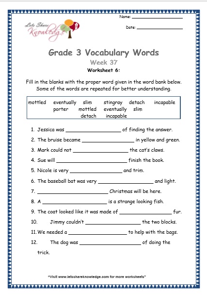  grade 3 vocabulary worksheets Week 37 worksheet 6
