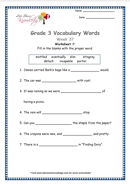  grade 3 vocabulary worksheets Week 37 worksheet 7