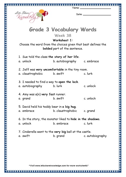 grade 3 vocabulary worksheets Week 38 worksheet 1