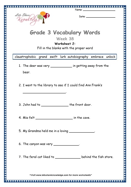 grade 3 vocabulary worksheets Week 38 worksheet 1