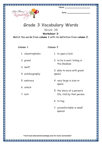  grade 3 vocabulary worksheets Week 38 worksheet 3