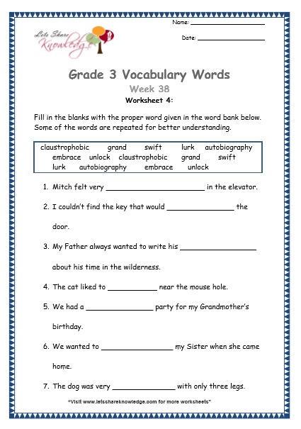  grade 3 vocabulary worksheets Week 38 worksheet 4