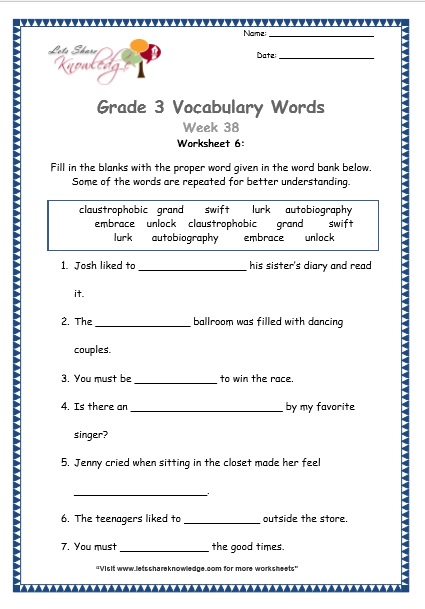  grade 3 vocabulary worksheets Week 38 worksheet 6