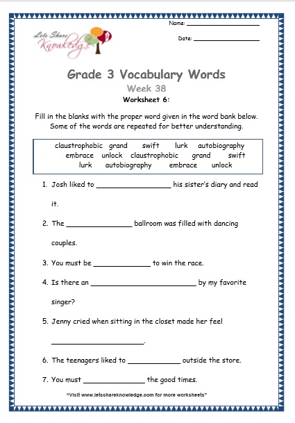 Grade 3: Vocabulary Worksheets Week 38 – Lets Share Knowledge