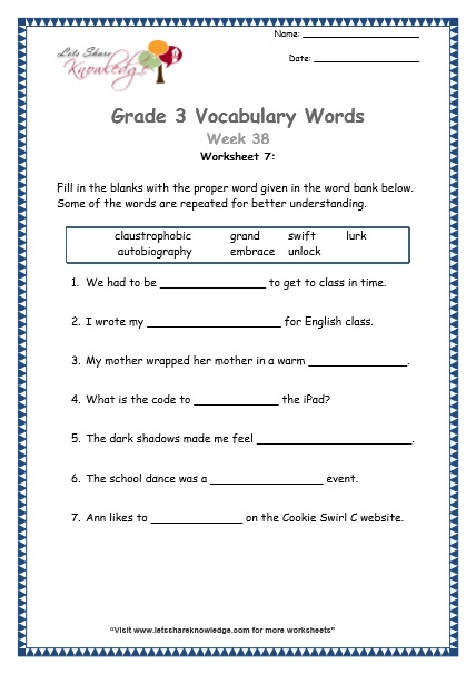  grade 3 vocabulary worksheets Week 38 worksheet 7