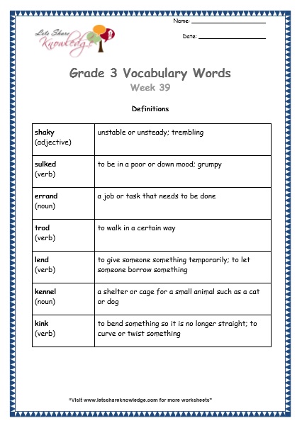 grade 3 vocabulary worksheets Week 39 definitions