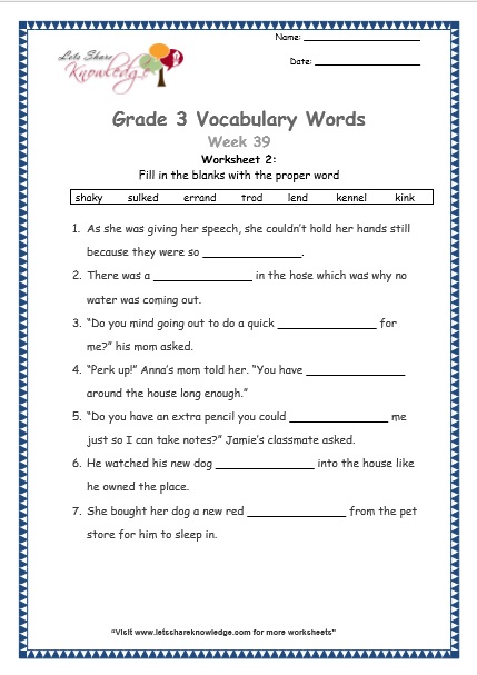 grade 3 vocabulary worksheets Week 39 worksheet 1