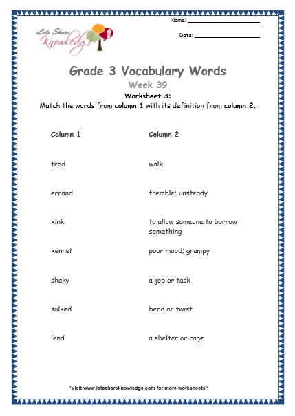  grade 3 vocabulary worksheets Week 39 worksheet 3