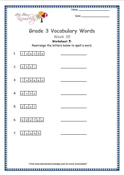  grade 3 vocabulary worksheets Week 39 worksheet 5